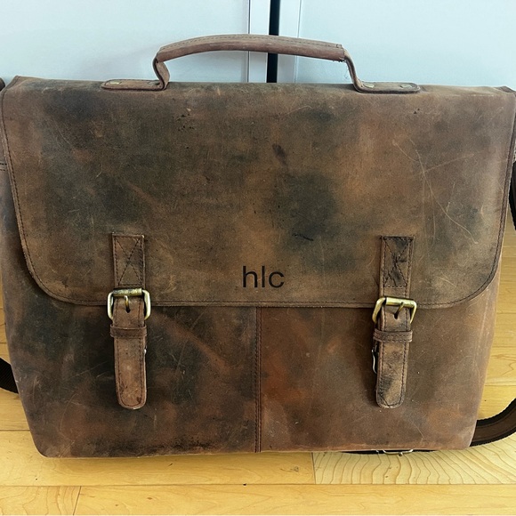 MENS CRAZY HORSE LEATHER SHOULDER MESSENGER LAPTOP BAG - Picture 11 of 16